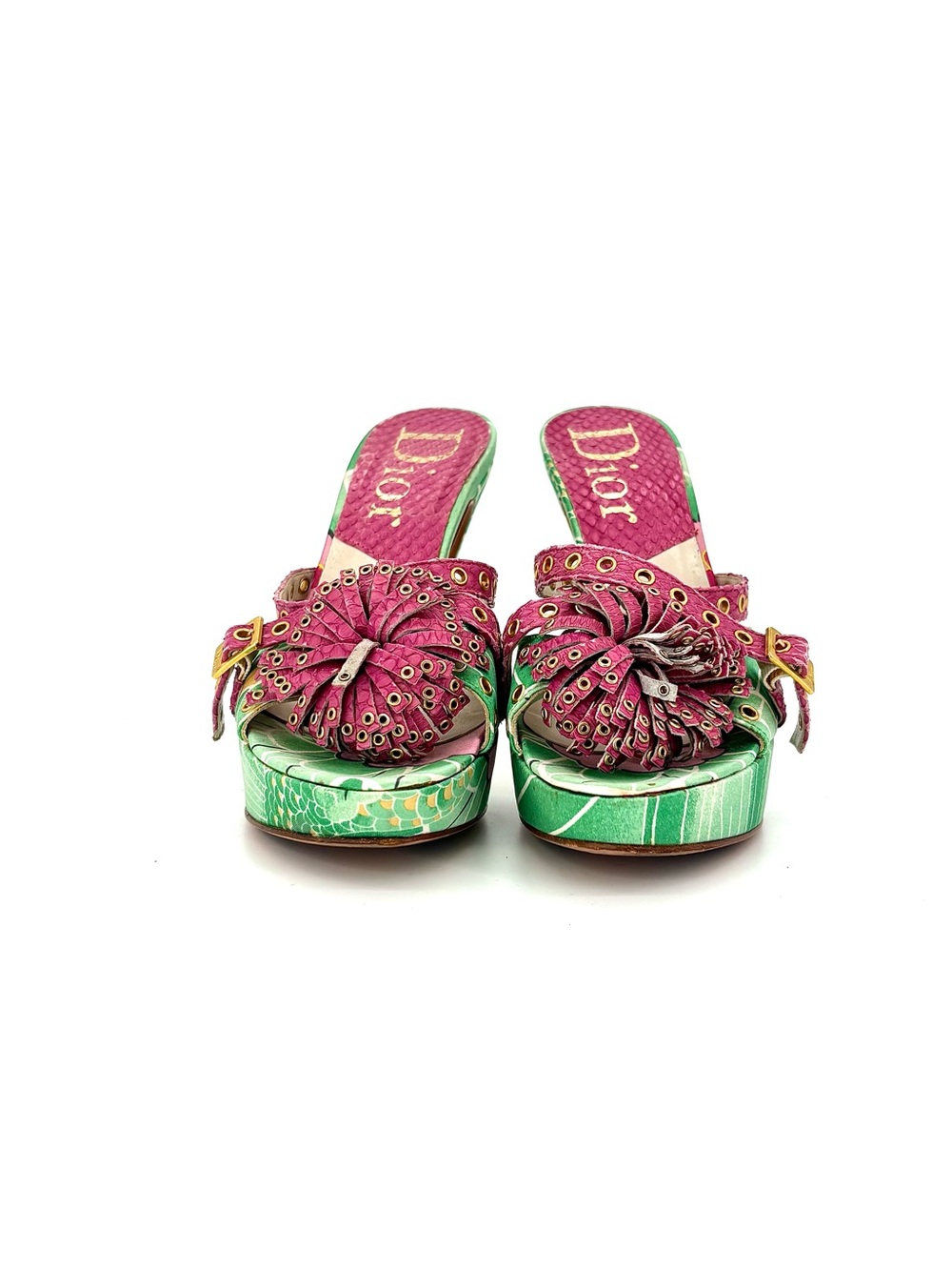 Dior John Galliano Vintage Koi Green Floral Print Platform Mules 35.5 - Picture 2 of 10